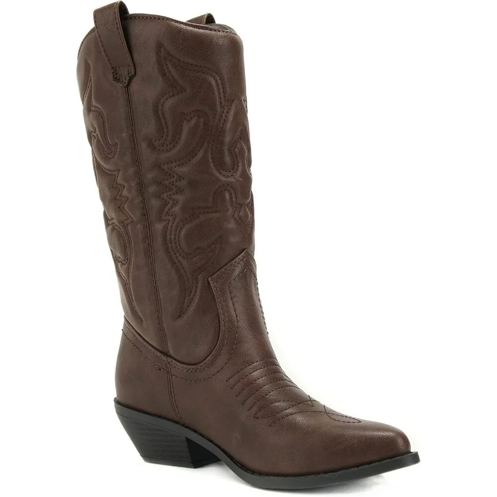 ✨ Women Brown Reno Western Cowboy Pointed Toe Knee High Pulls On Tabs Boots